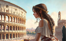 A Beautiful Attractive Antique Rome Woman Watching The Classic Coliseum Building, Anime Art, Generative Ai Technology