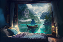 A Fairytale Peaceful Place With A Bed And A Big Window To Watch A Boat On The Lake, Time To Rest, Generative Ai Technology