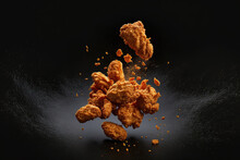 Fried Chicken Bits Floating Through The Air In Slow Motion Against A Black Background. Idea Of Food Floating. Generative AI