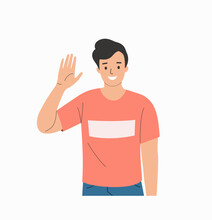 Young Man Waives Hand In Hello. Vector Flat Cartoon Illustration