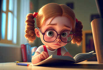 Student girl reading a book. Small kid with pigtails wearing glasses doing school homework. AI generative