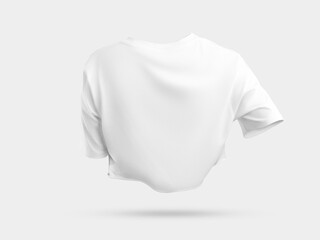 White t-shirt mockup in dynamic with wrinkles, 3D rendering back view, female trendy crop top, isolated on background.