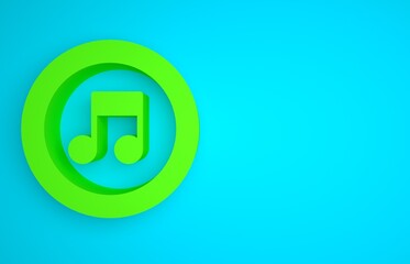 Wall Mural - Green Music note, tone icon isolated on blue background. Minimalism concept. 3D render illustration