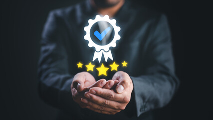 Poster - Hand shows sign of the top service Quality assurance, Guarantee, Standards, ISO certification and standardization concept, satisfaction, service experience, Quality assurance of products and services.