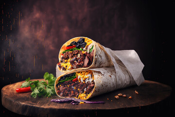 Beef and vegetable burrito wraps on a dark background. Mexican cuisine, beef burrito. Banner. Generative AI