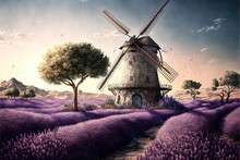 Windmill In The Sunset At The Lavender Field