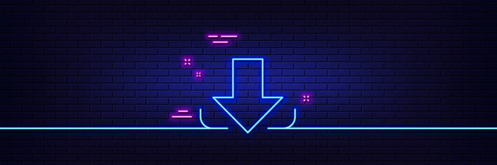 Poster - Neon light glow effect. Download Arrow line icon. Down arrowhead symbol. Direction or pointer sign. 3d line neon glow icon. Brick wall banner. Download outline. Vector