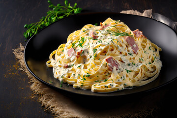 fettuccine cooked from scratch with a white cream sauce. eggs, hard cheese, cured pork, and black pepper in fettuccine Carbonara. Italian cuisine. Generative AI