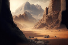 Dry Fantasy Desert Landscape. Dry Desolate Mountain Formation. Canyons Region. Large Cliff. Long, Deep, Narrow Body Of Dry River That Reaches Far Inland.