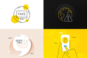 Poster - Minimal set of Multitasking gesture, Fake news and Quick tips line icons. Phone screen, Quote banners. Internet warning icons. For web development. Swipe, Propaganda tv, Helpful tricks. Vector