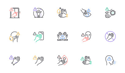 Poster - Touch warning line icons. Stop touch face, eyes and medical mask. Covid cough symptoms, wash and disinfect hands icons. Do not press lift buttons, protect face with medical mask. Vector