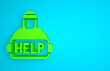 Canvas Print - Green Man with cardboard on the city street is asking for help icon isolated on blue background. Poor homeless beggar. Homelessness problem. Minimalism concept. 3D render illustration