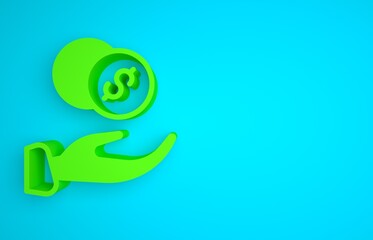 Poster - Green Donation hand with money icon isolated on blue background. Hand give money as donation symbol. Donate money and charity concept. Minimalism concept. 3D render illustration