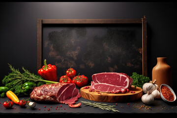 Wall Mural - raw meat assortment on a dark background. a panorama and a banner with copy. Generative AI