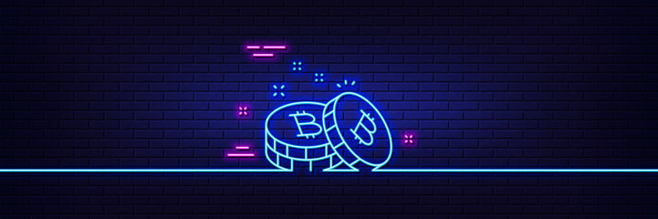 Neon light glow effect. Bitcoin line icon. Cryptocurrency coin sign. Crypto money symbol. 3d line neon glow icon. Brick wall banner. Bitcoin outline. Vector