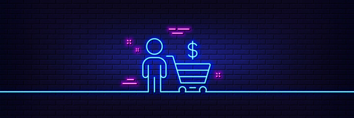 Poster - neon light glow effect. buyer with shopping cart line icon. customer sign. supermarket client symbol