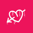 Spray urban graffiti heart icon pierced with arrow. White textured element on magenta background. Fall in love and St. Valentine's day concept for february 14th. y2k vector illustration.