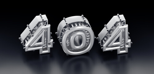Aufkleber - The Error 404 - Page Not Found. Designed in modern steampunk style a row of 3D digits, which are composed into the number of 404 on reflective surface. 3D rendering graphics in isometric projection.