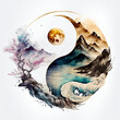 Yin yang design with mountains and sea or ocean. Concept of duality. Watercolor tattoo or logo project. Ai llustration, fantasy digital painting , artificial intelligence artwork
