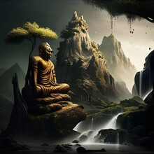 Mountain Buddha Statue Sitting. Generative AI. Buddhism Religion Illustration. Nature And Faith. Asian Oriental Way Of Lifestyle.