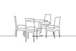Dining table and chairs in continuous line art drawing style. Classic style dining room furniture black linear sketch isolated on white background. Vector illustration