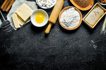 Wall Mural - Baking background. Ingredients for the preparation of cookies.