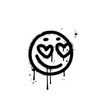 Girlish Urban Graffiti Emoticon. Cute Smiling Face Painted By Spray Paint. Emoji With Heart Shaped Eyes. Vector Hand Drawn Grunge Illustration With Texture And Leaks.