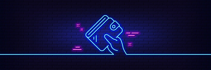 Sticker - Neon light glow effect. Wallet line icon. Hand hold money purse sign. Cash budget symbol. 3d line neon glow icon. Brick wall banner. Wallet outline. Vector