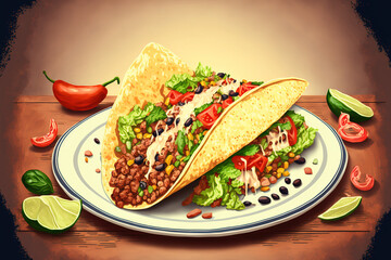 Wall Mural - Meat, beans, and vegetables on a Mexican taco. cuisine from Latin America. Generative AI