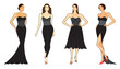 Fashion illustration of outline female models in corset dresses, isolated, on white background. Vector set.