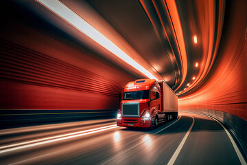 Wall Mural - Semi Truck at Speed in Tunnel - Generative Ai