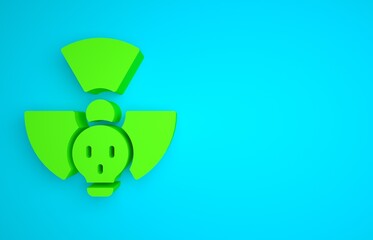 Green Radioactive icon isolated on blue background. Radioactive toxic symbol. Radiation hazard sign. Minimalism concept. 3D render illustration