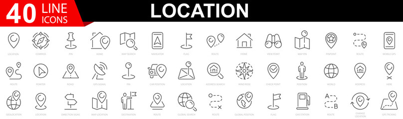 Poster - Location icons set. Navigation, location, GPS elements. Containing map, map pin, gps, destination, directions, distance, place, navigation and address icons. Map pointer icons. Location symbols.