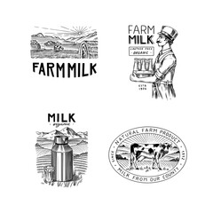 Wall Mural - Milk set. Cow and woman farmer, milkmaid and jug, blot and bottles, packaging and meadow, man holds a glass. Vintage logo for shop. Badge for t-shirts. Hand Drawn engrave sketch. Vector illustration.