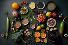 Flat Lay Of Various Fruits, Seeds, And Veggies On A Gray Table. Optimum Diet. Generative AI