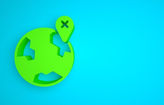 Green Location on the globe icon isolated on blue background. World or Earth sign. Minimalism concept. 3D render illustration