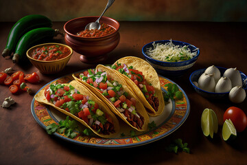 Wall Mural - beef tacos from Mexico served with salsa and tomato sauce. Generative AI