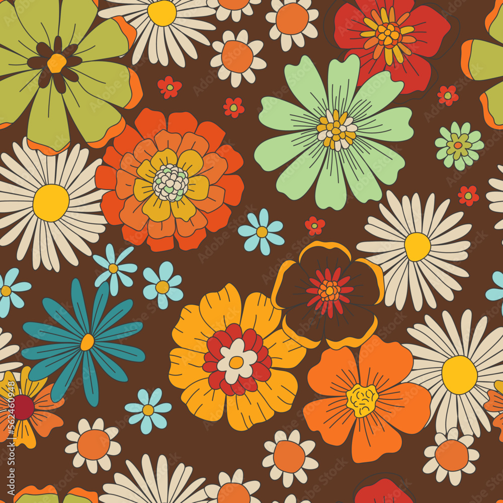 Colorful Hand-Drawn Floral Vector Seamless Pattern. Retro 70s Style ...