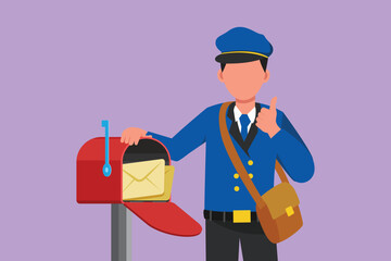 Wall Mural - Graphic flat design drawing postman holding envelope on mail box with thumbs up gesture, wearing hat, bag, and uniform, working hard to delivery mail to home address. Cartoon style vector illustration