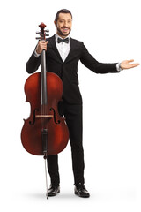 Canvas Print - Full length portrait of a young male artist posing with a cello and showing with hand