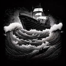 Ship In The Ocean Black And White Illustration. Generative AI