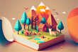 Low poly illustration of a magic book and landscape with a hill