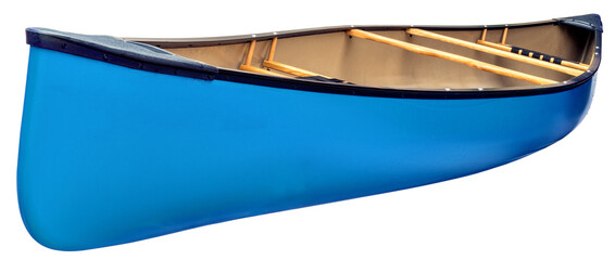 Wall Mural - blue tandem canoe with wood seats on a transparent background