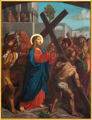 Wall Mural - LUZERN, SWITZERLAND - JUNY 24, 2022: The painting Jesus carries his cross as part of Cross way stations in the church Franziskanerkirche from 19. cent.