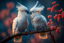 Valentine's Day Kiss To Remember - The Enchanting Sight Of White Parrots Embraced On A Cherry Blossom Branch.