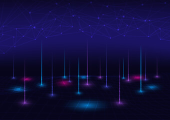 Fototapete - Abstract background hi-tech grid multicolored glowing lines rising above colored circles of light on the ground Wireframe with points above black and blue gradient background