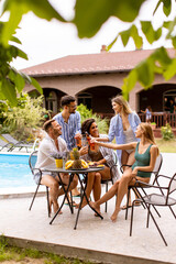 Wall Mural - Group of young people cheering with cider by the pool in the garden