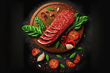 Wall Mural - Salami sausage with flying slices on a black backdrop and slices of salami with peppers, basil, thyme, and garlic on a wooden dish. Generative AI