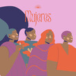 Ilustración vector grupo de rostros de mujeres multiculturales y multiétnicas latinoamericanas morenas. Concepto de igualdad de genero. 8 de marzo, día de la mujer. Poder femenino.