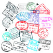 Passport visas stamps on transparent background, travel collage